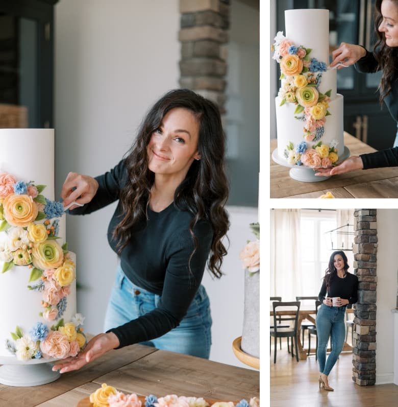 Dana in her kitchen workspace with beautiful cake decorations